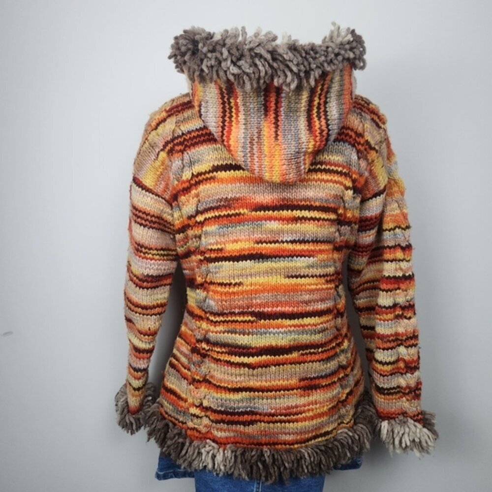 Penny Lane Handknit Wool Hooded Cardigan Jacket Fringe Trim Chunky Cabel Size M - Picture 5 of 13
